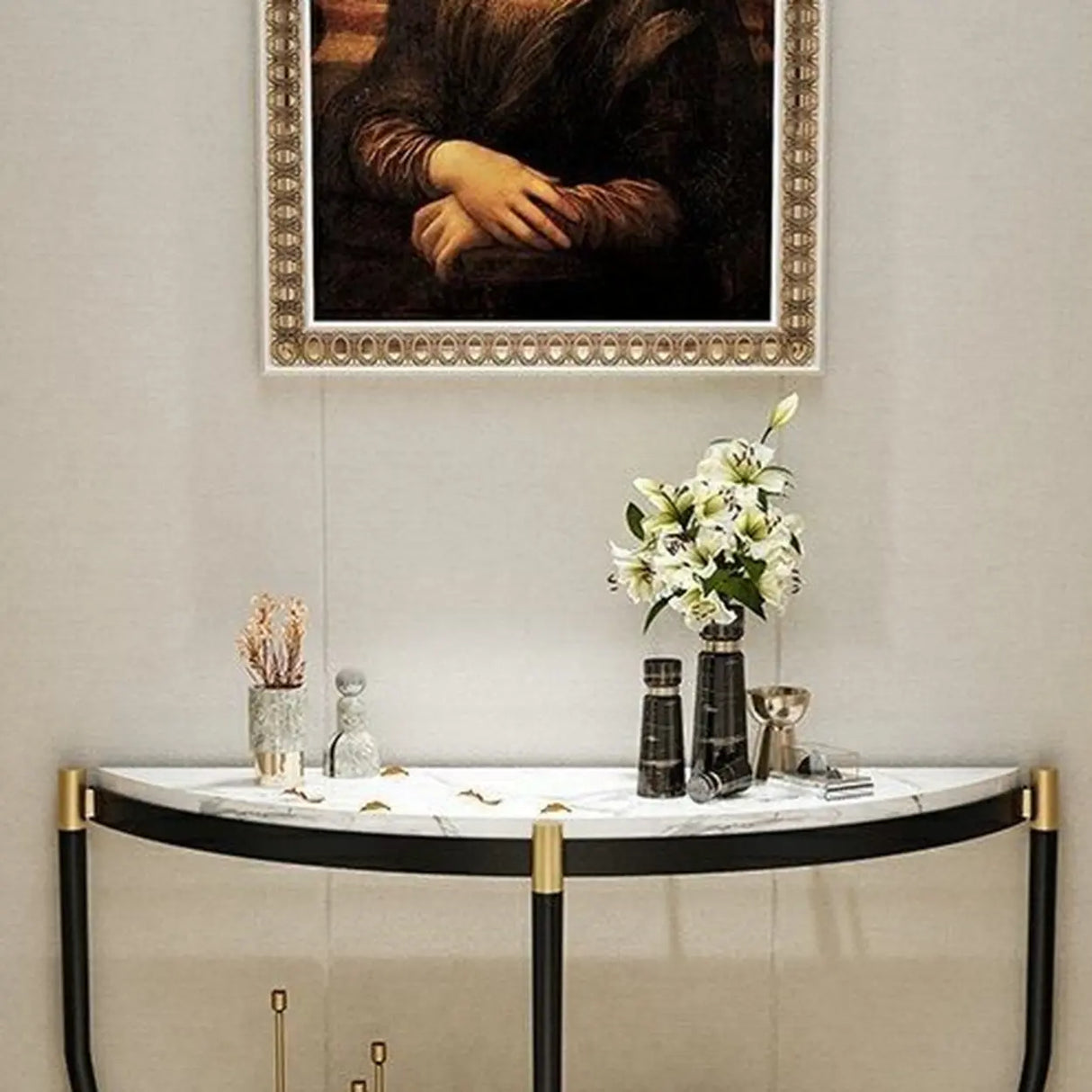 Entryway Half-Circle Stone Gold Floor Shelf Console Table Image - 8