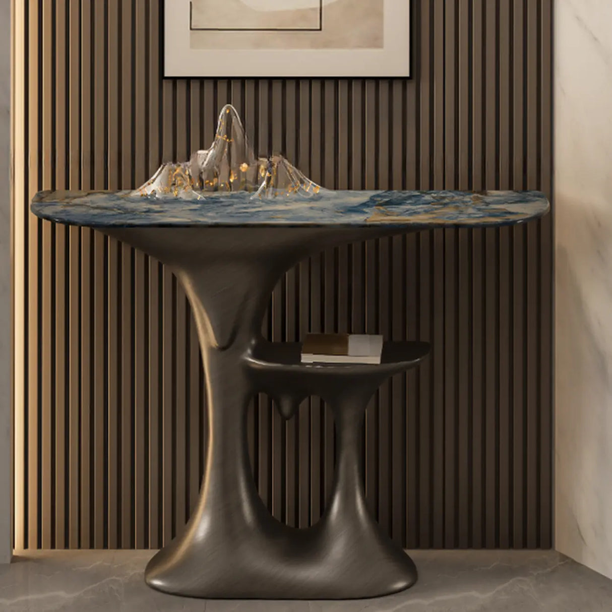 Entryway Half-Moon Marble Console Table with Shelf Image - 3