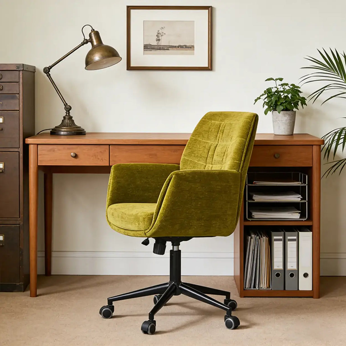 Ergonomic Adjustable Green Upholstered Swivel Office Chair Image - 2