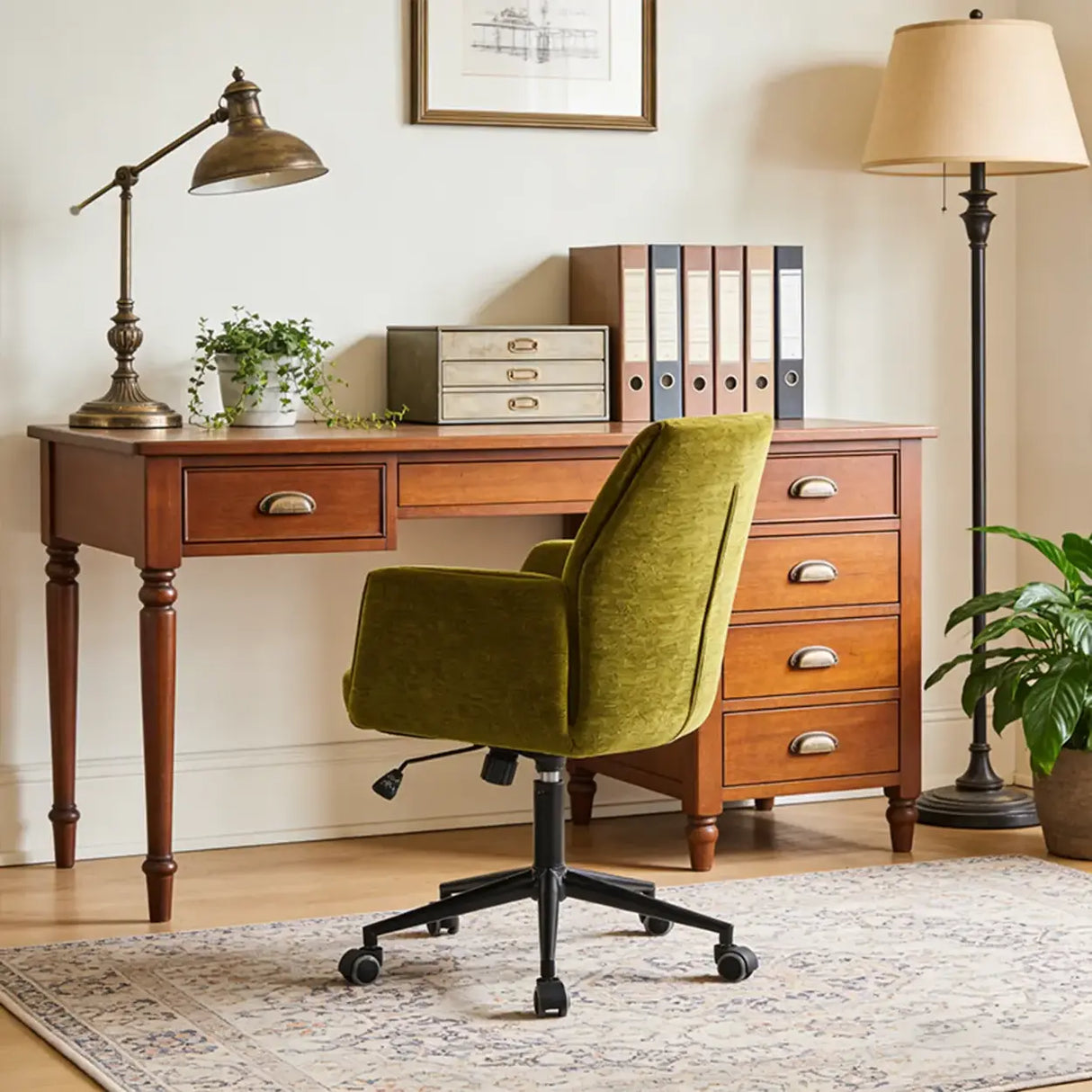 Ergonomic Adjustable Green Upholstered Swivel Office Chair Image - 3