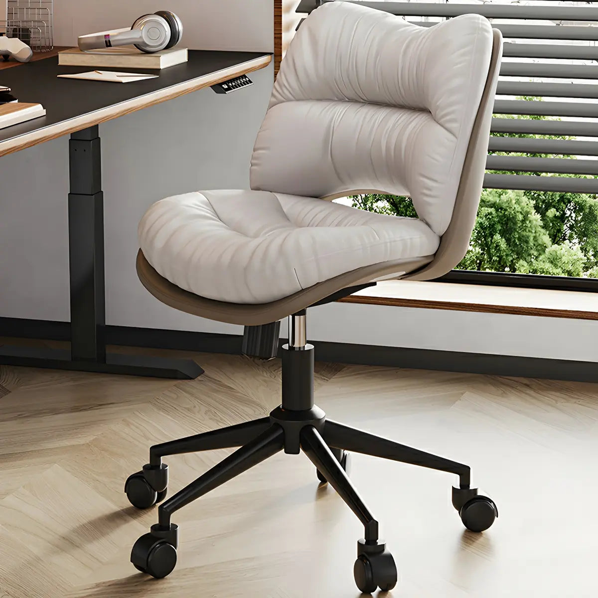 Ergonomic Armless Leather Swivel White Office Chairs Image - 1