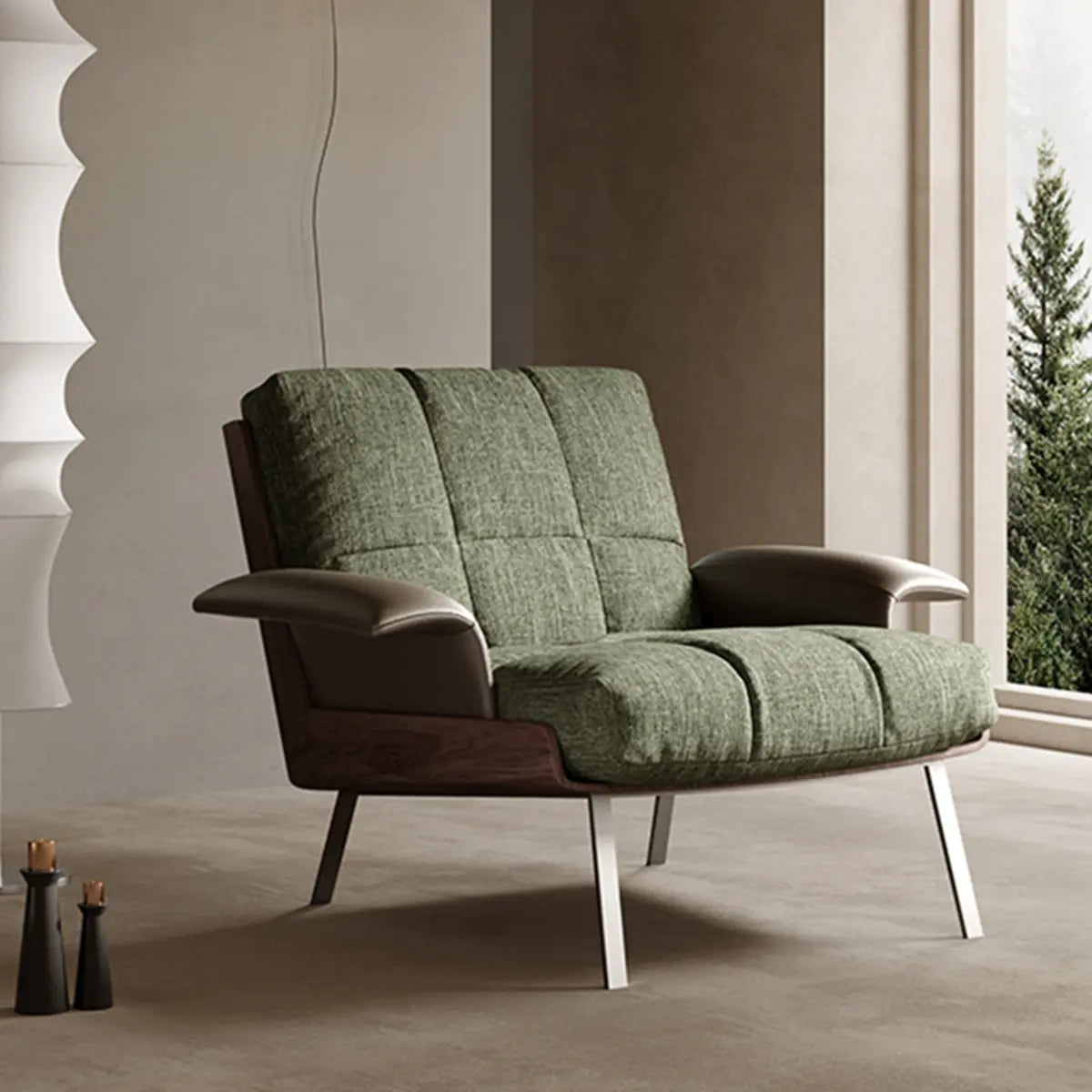Ergonomic Green Cotton Linen Flared Arm Lounge Chair Image - 4