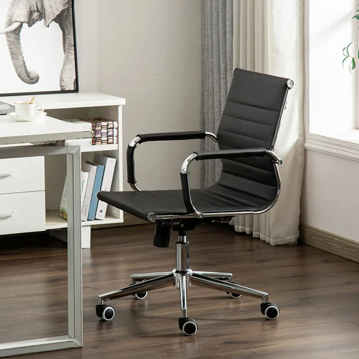 Ergonomic High-Back Black Mesh Leather Office Chair Image - 11