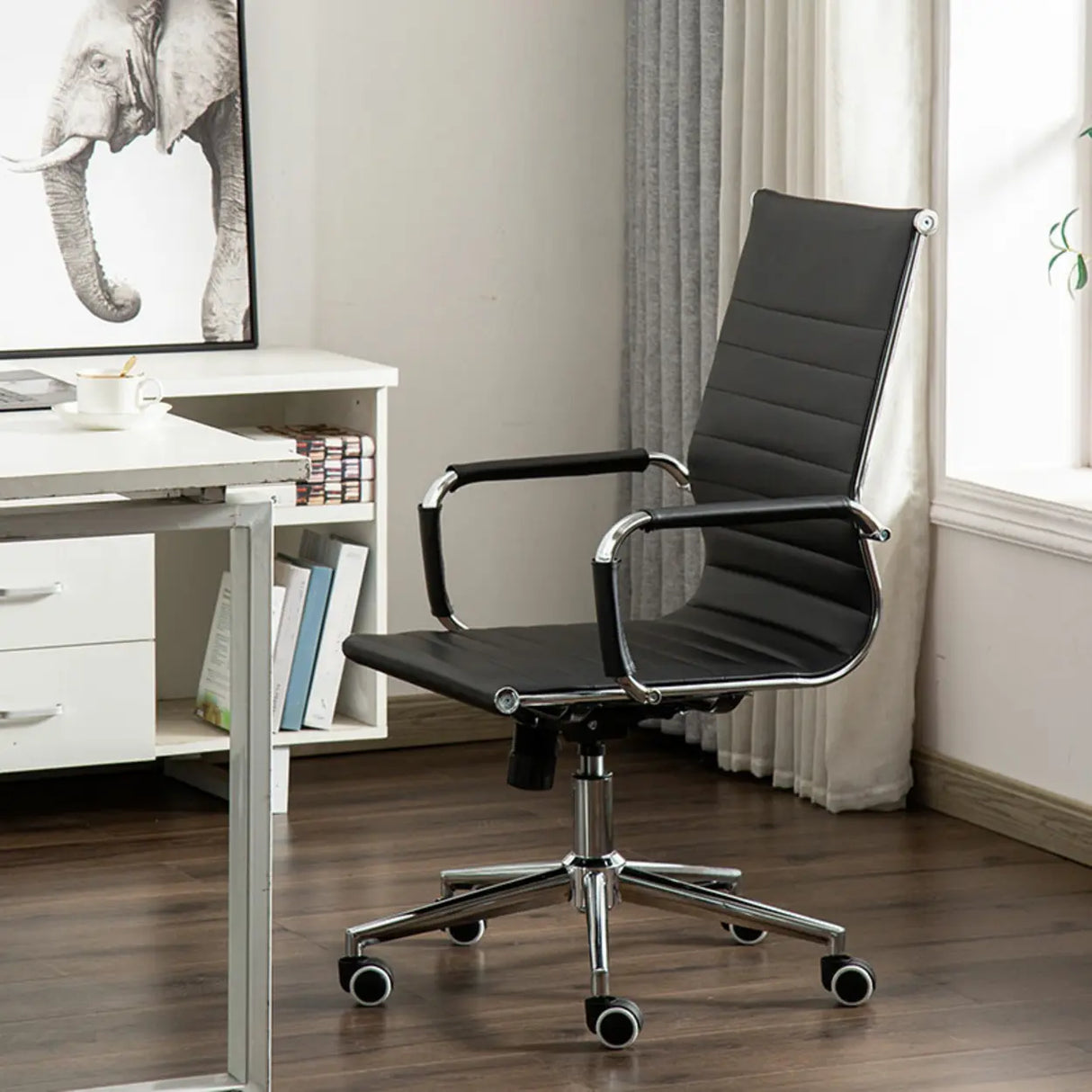 Ergonomic High-Back Black Mesh Leather Office Chair Image - 13