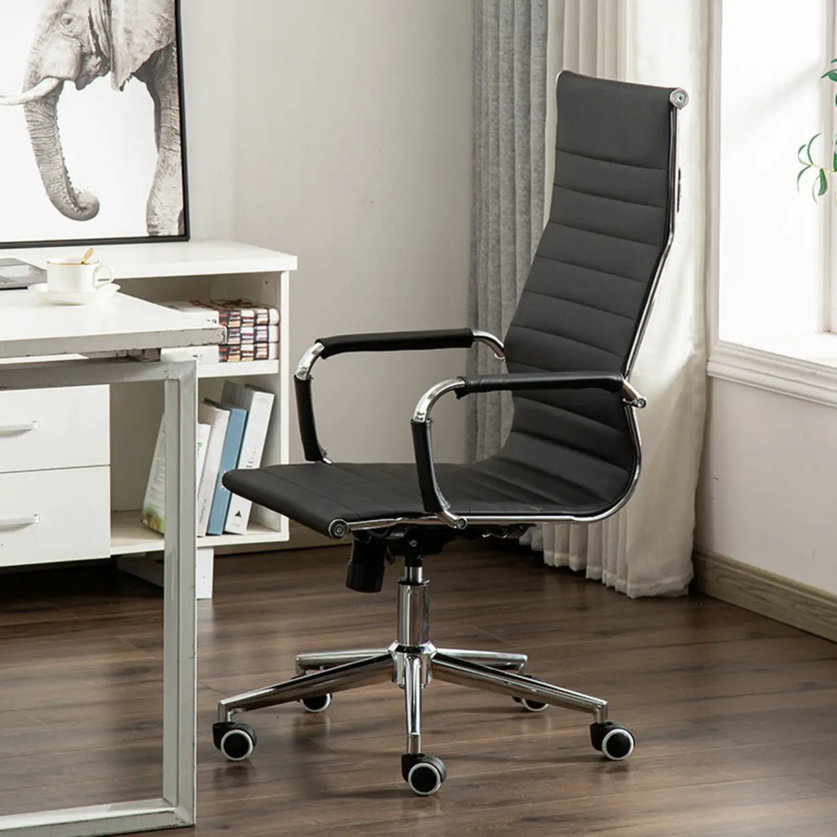 Ergonomic High-Back Black Mesh Leather Office Chair Image - 15