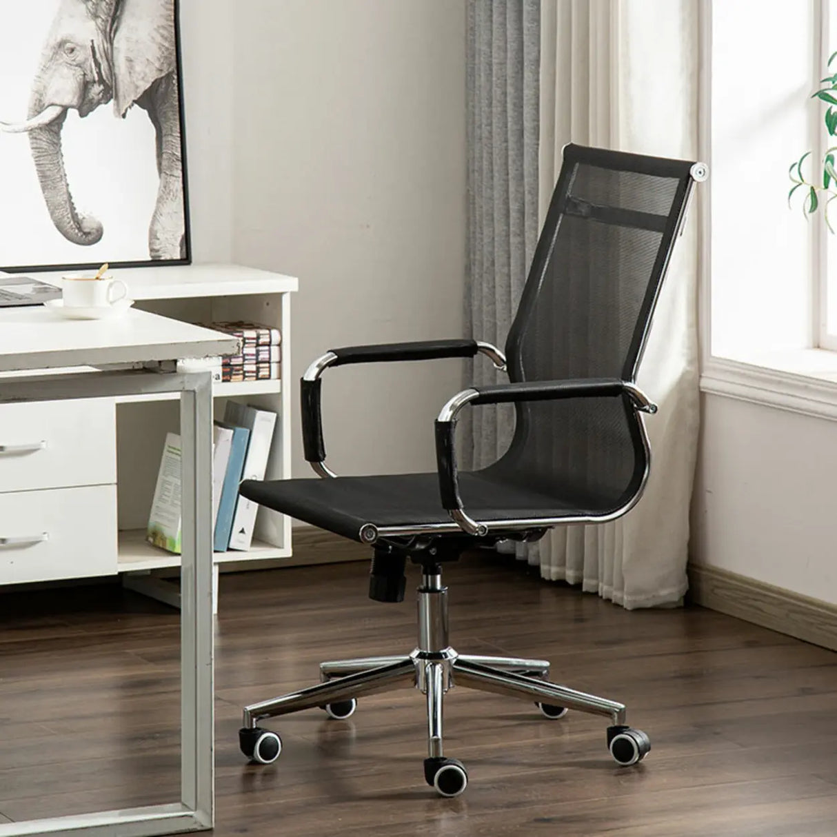 Ergonomic High-Back Black Mesh Leather Office Chair Image - 4