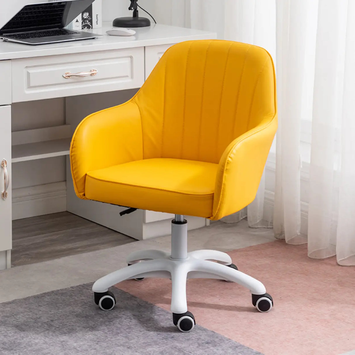 Ergonomic Leather Home Pink Compact Swivel Office Chair Image - 14