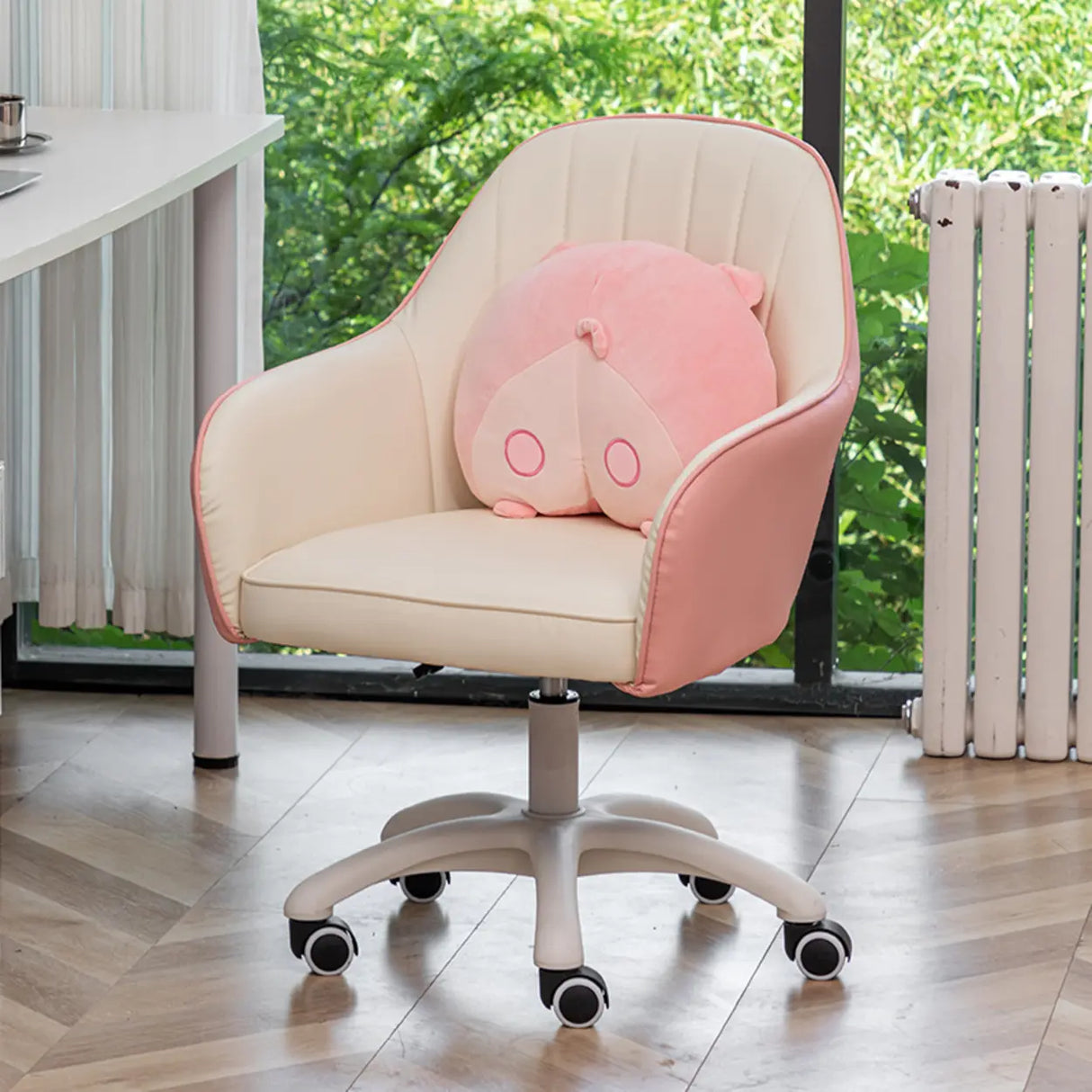 Ergonomic Leather Home Pink Compact Swivel Office Chair Image - 3