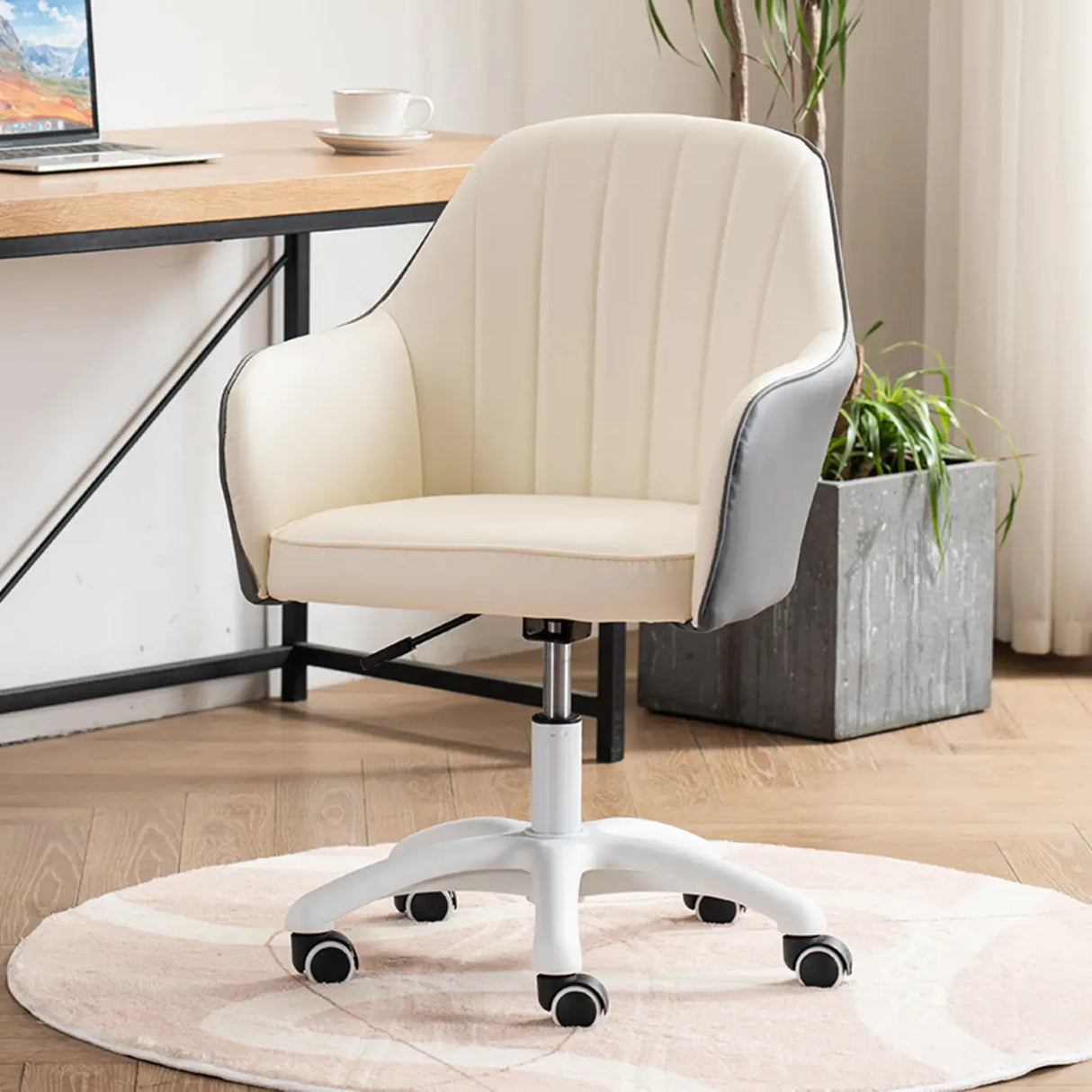 Ergonomic Leather Home Pink Compact Swivel Office Chair Image - 4