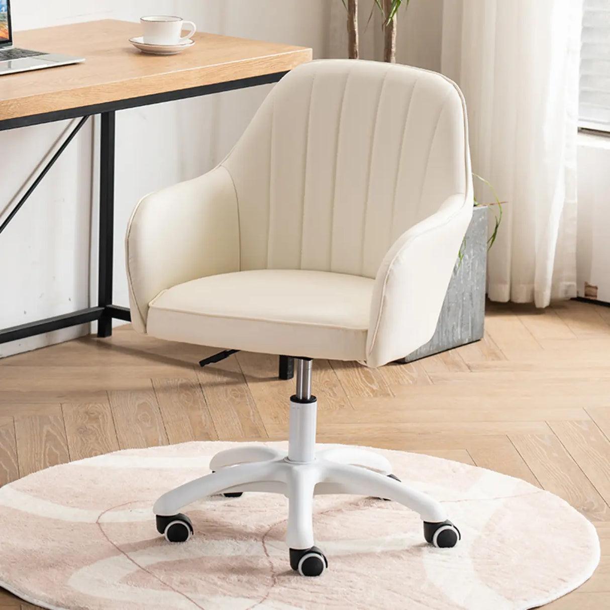 Ergonomic Leather Home Pink Compact Swivel Office Chair Image - 6