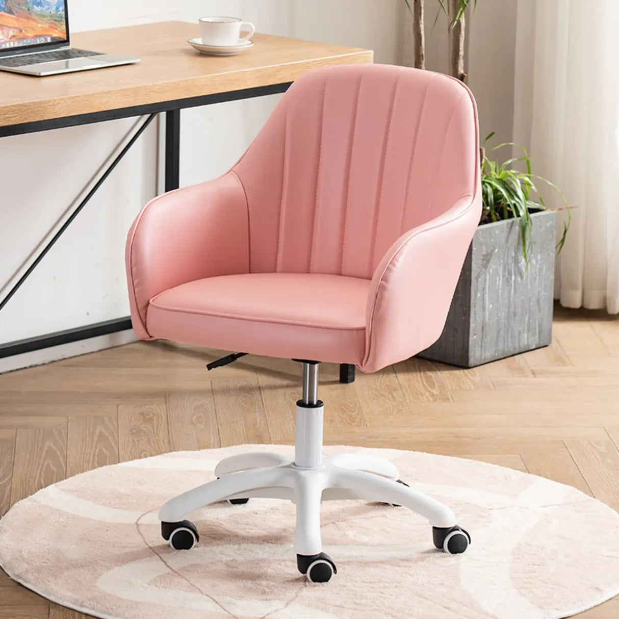 Ergonomic Leather Home Pink Compact Swivel Office Chair Image - 7