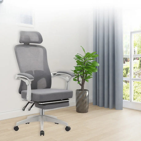Ergonomic Mesh High-Back Grey Office Chair with Footrest Image - 1