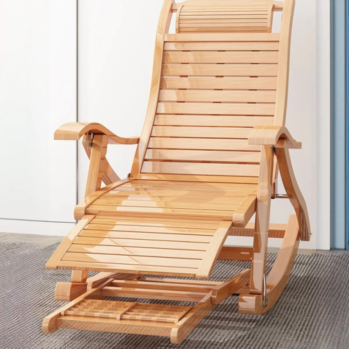 Ergonomic Natural Wooden Track Arms Rocking Chair Image - 1