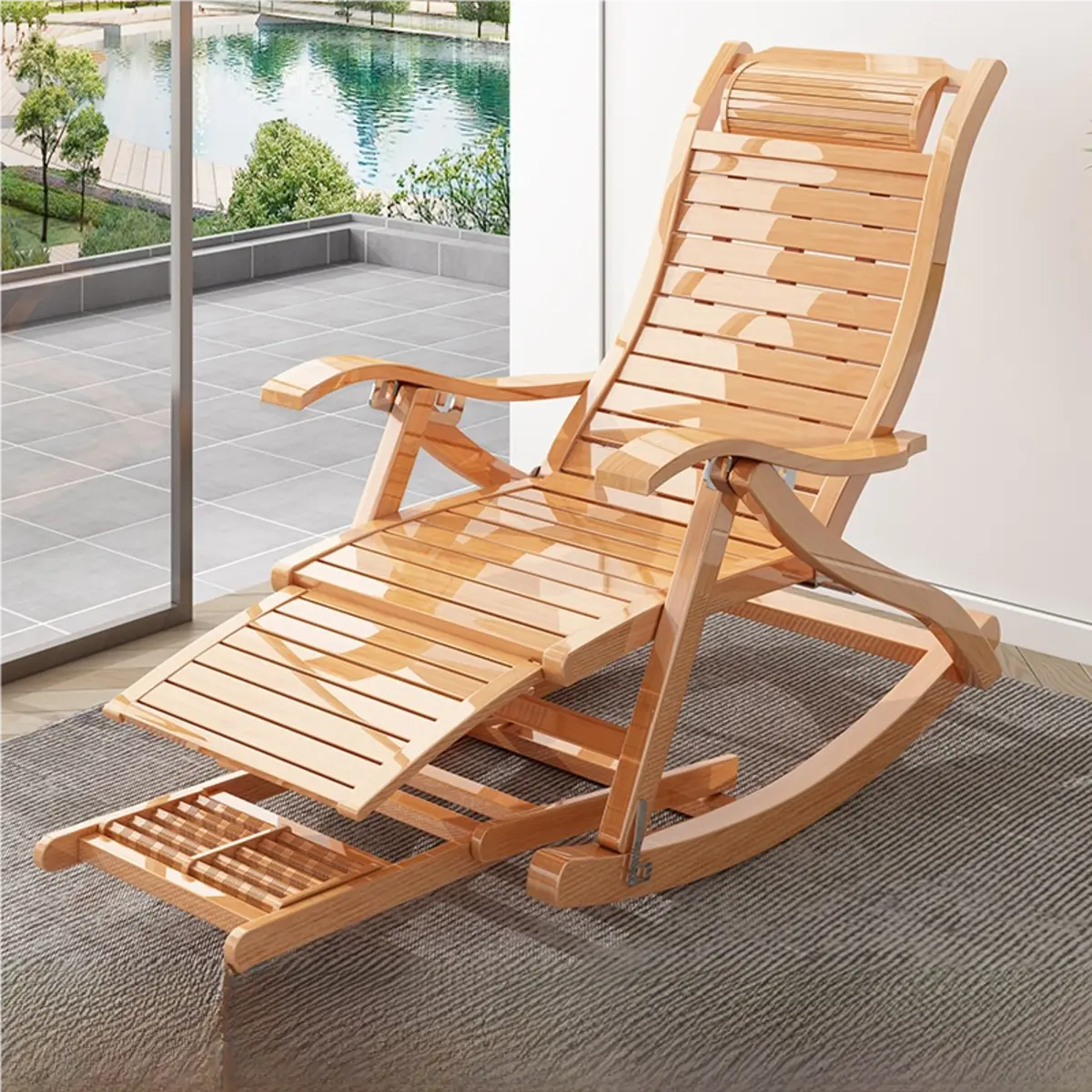 Ergonomic Natural Wooden Track Arms Rocking Chair Image - 2