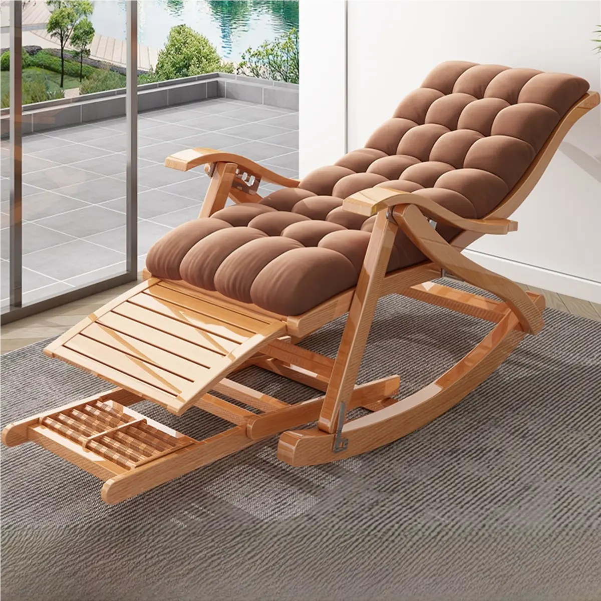 Ergonomic Natural Wooden Track Arms Rocking Chair Image - 3