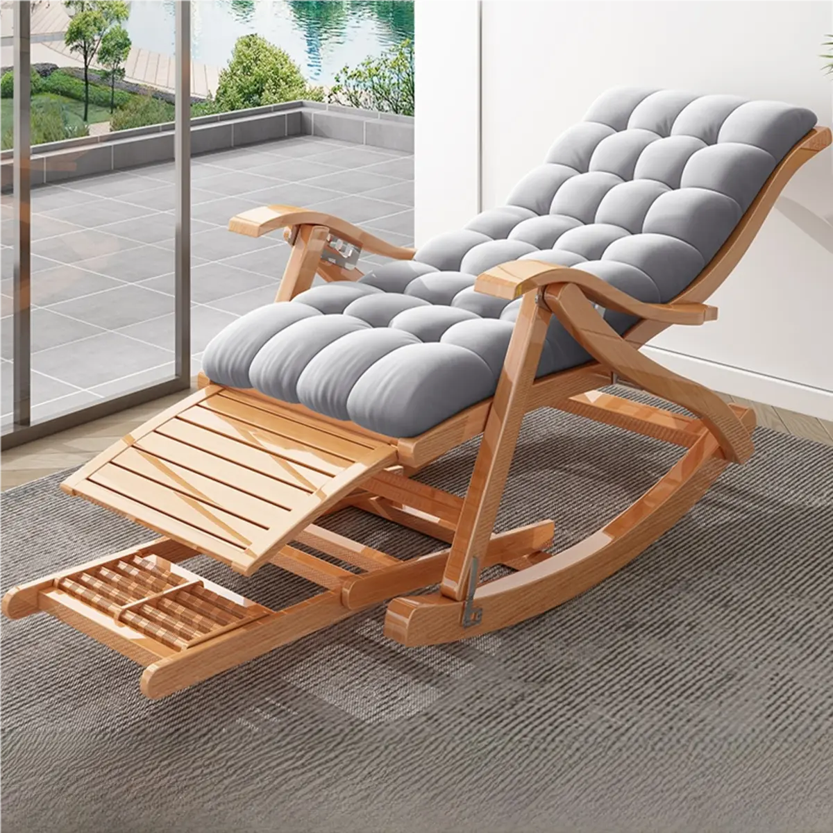 Ergonomic Natural Wooden Track Arms Rocking Chair Image - 5
