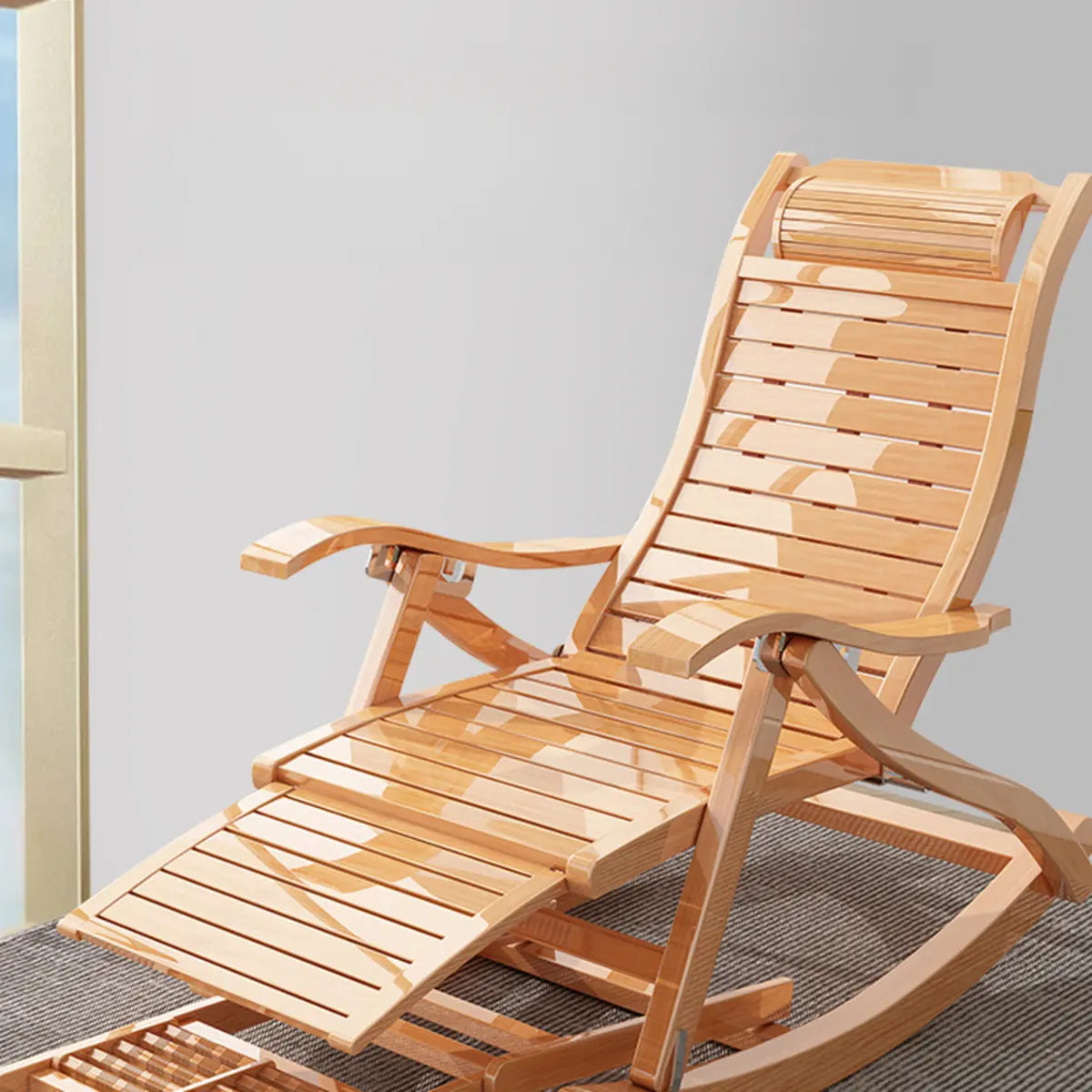 Ergonomic Natural Wooden Track Arms Rocking Chair Image - 6