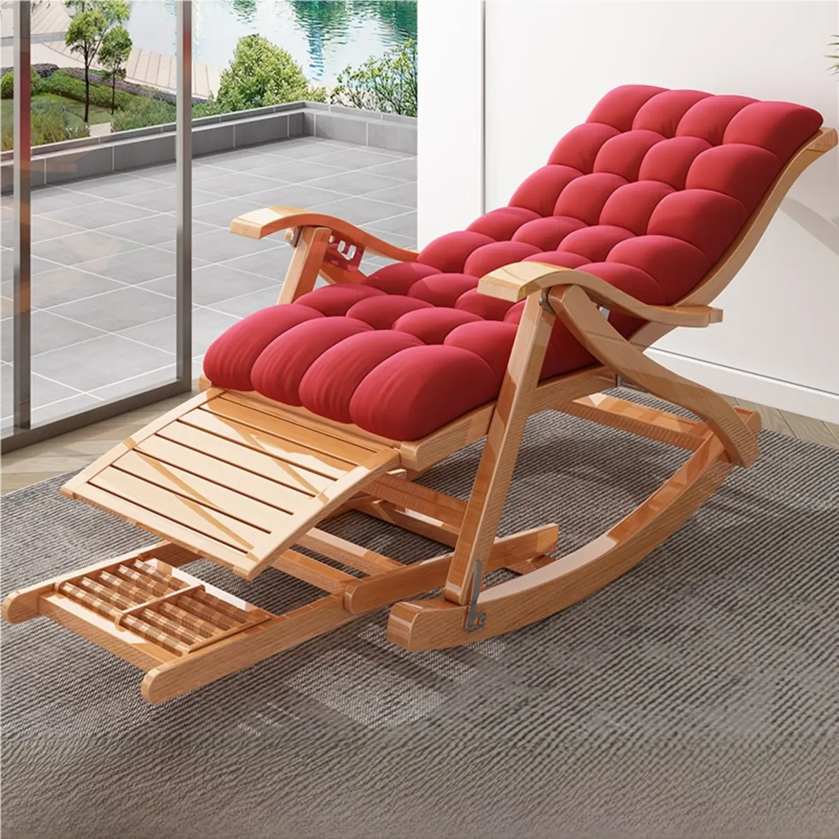 Ergonomic Natural Wooden Track Arms Rocking Chair Image - 7