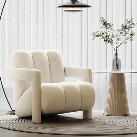 Ergonomic Off-White Frosted Velvet Fixed Back Arm Chair Image - 2