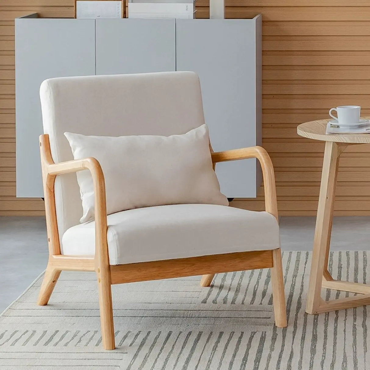 Ergonomic Off-White Removable Cushions Wooden Arm Chair Image - 5