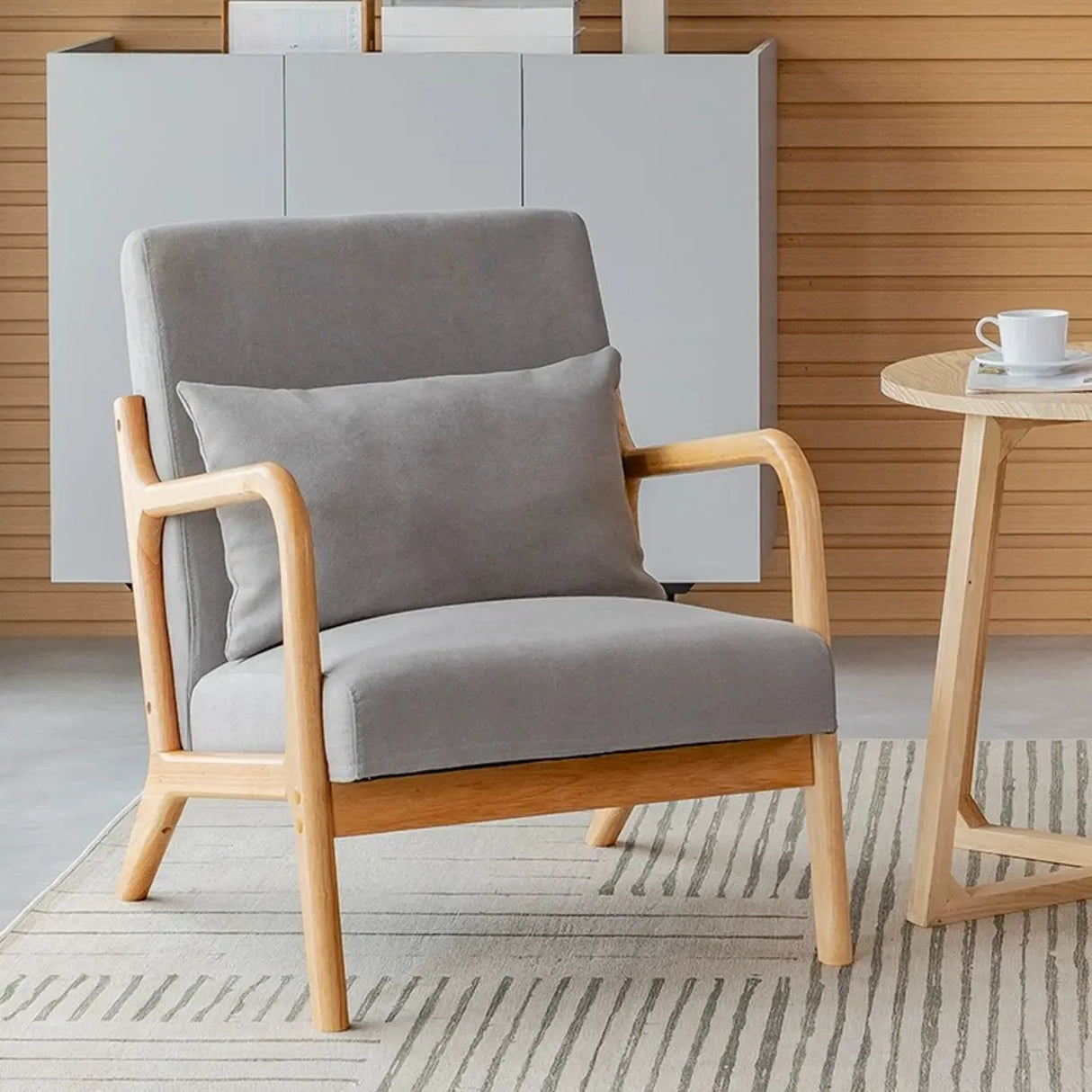 Ergonomic Off-White Removable Cushions Wooden Arm Chair Image - 9