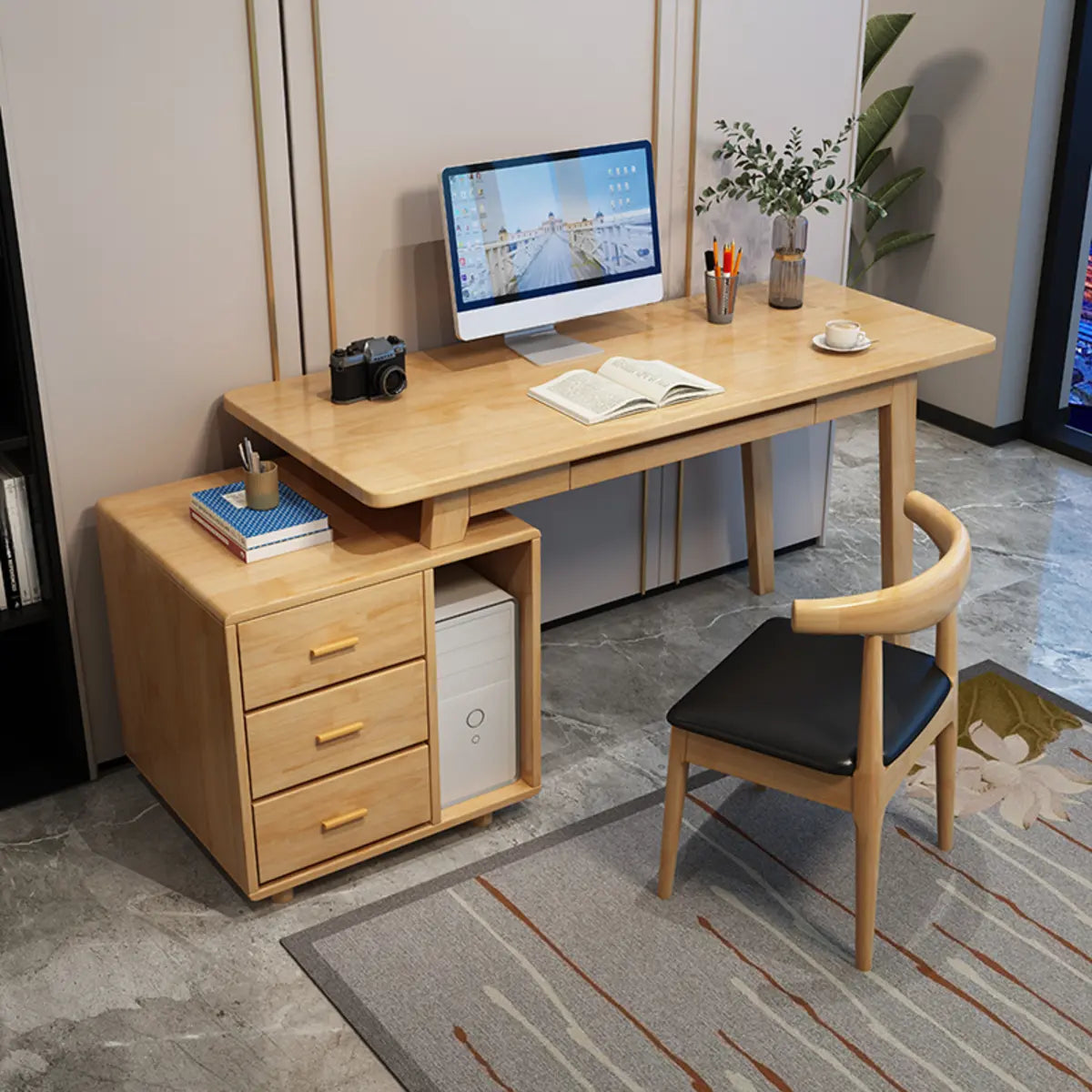 Ergonomic Rubberwood Butcher Block Drawer Computer Desk Image - 3