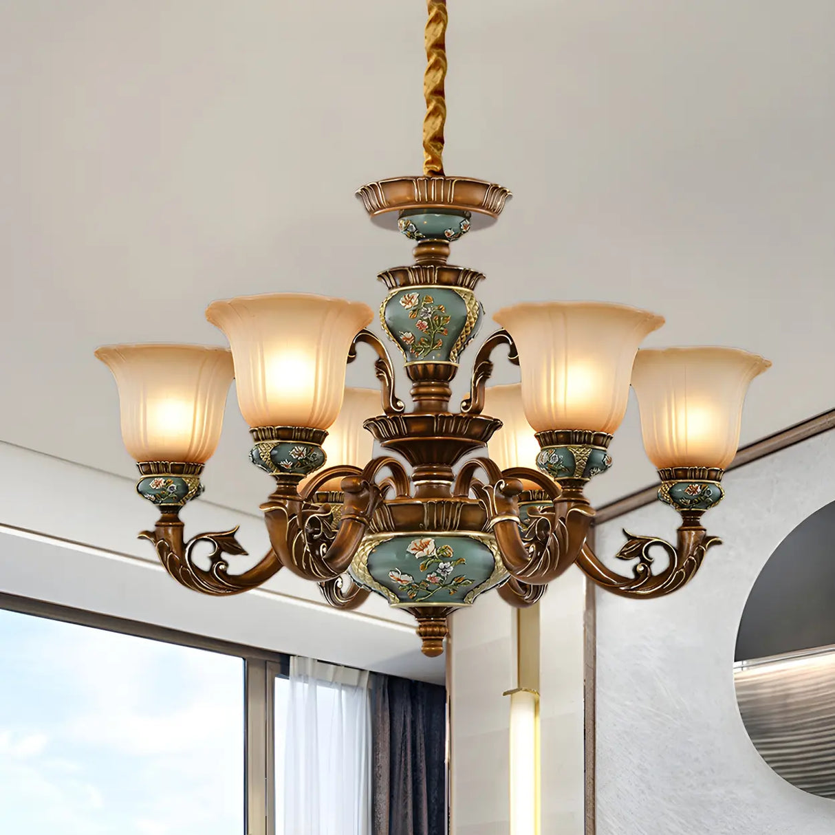 European Antique Brass Flower Glass Ceramic Chandelier Image - 5