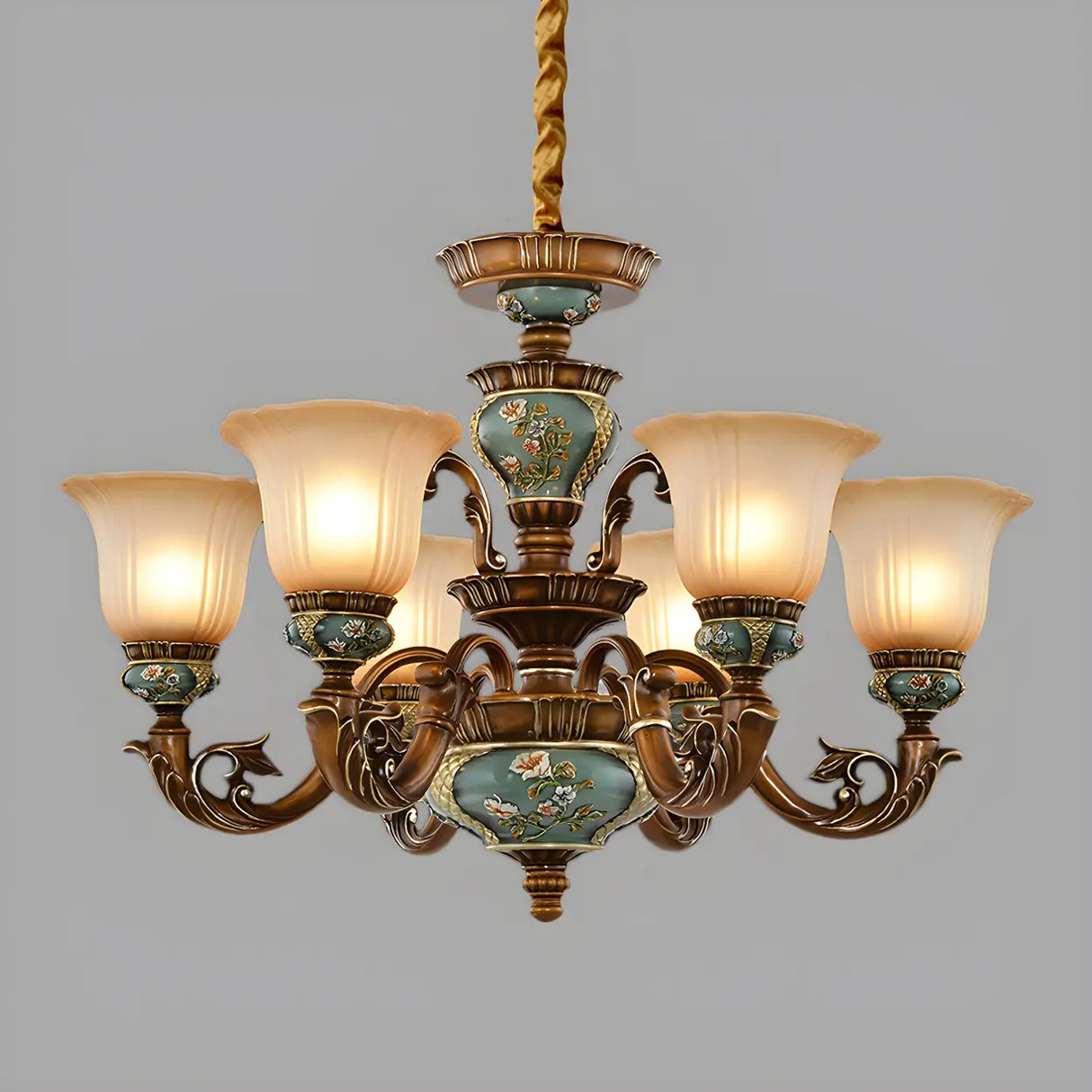 European Antique Brass Flower Glass Ceramic Chandelier Image - 7