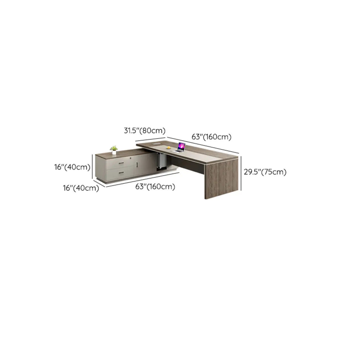 Executive Beige Brown Drawers L-Shape Long Office Desk 