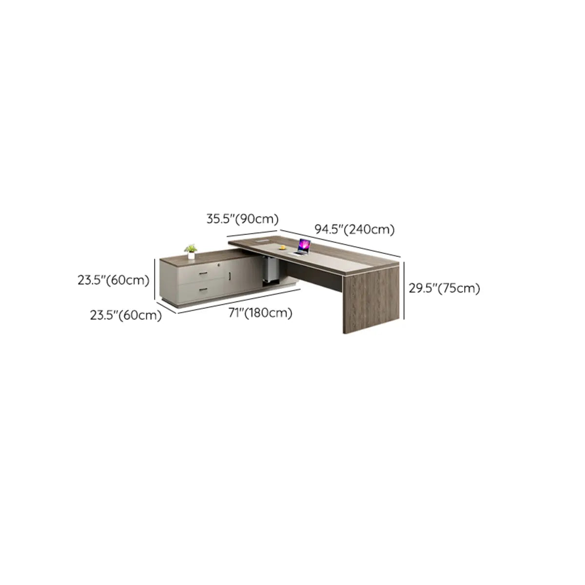 Executive Beige Brown Drawers L-Shape Long Office Desk Image - 16