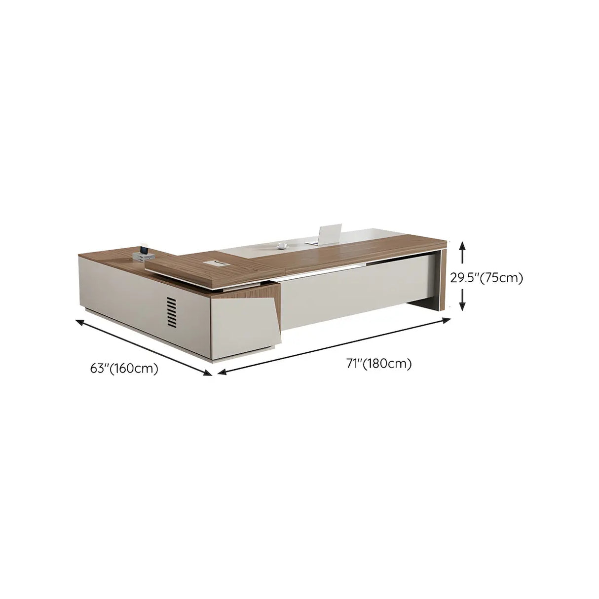 Executive Brown Beige Wooden L-Shaped Office Desk Image - 12
