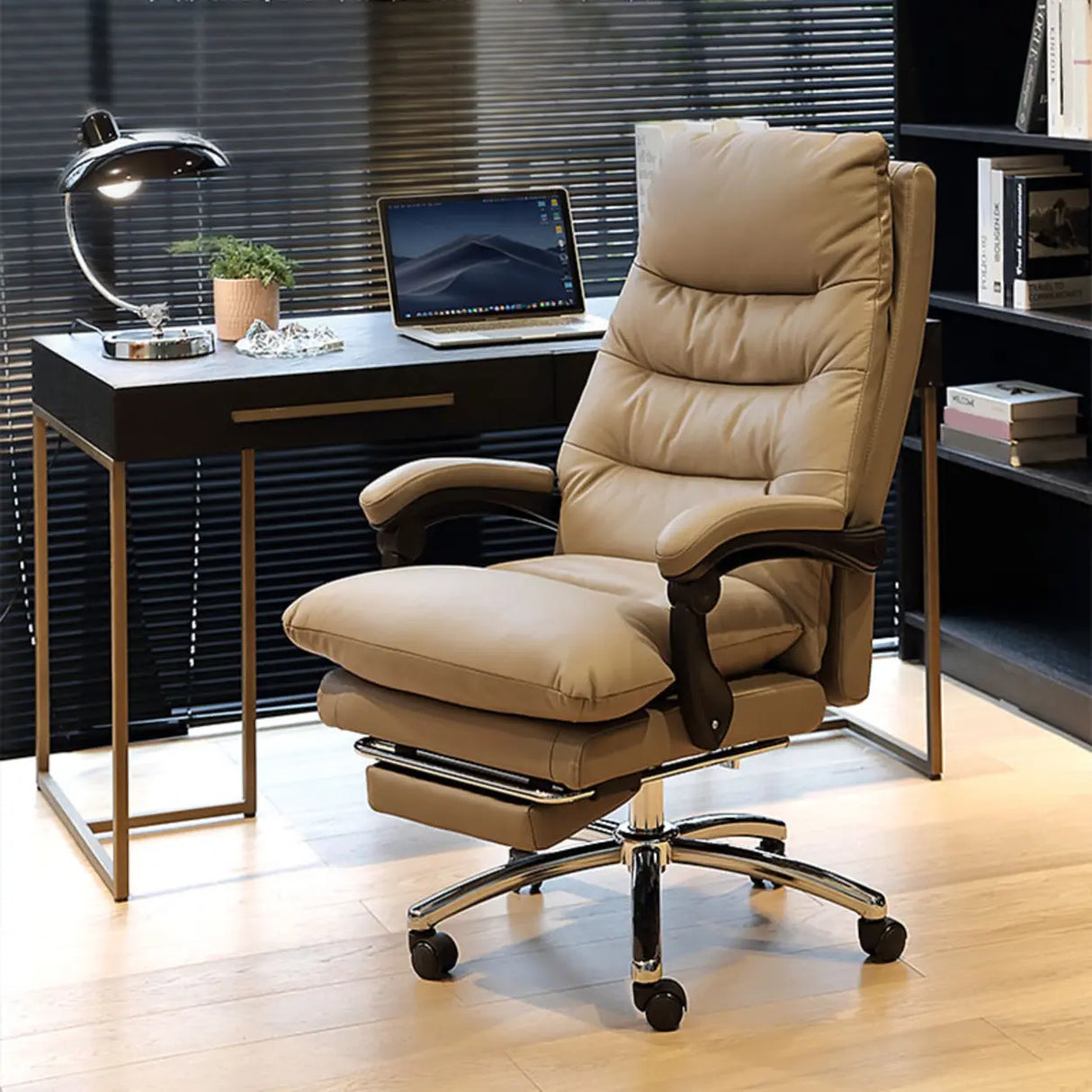 Executive Recliner Calfskin Adjustable Taupe Office Chair Image - 1