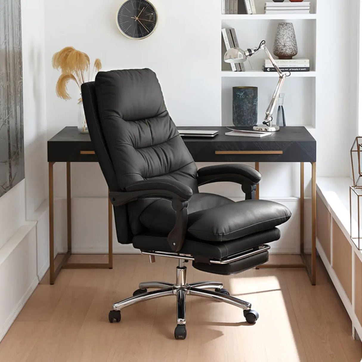 Executive Recliner Calfskin Adjustable Taupe Office Chair Image - 20