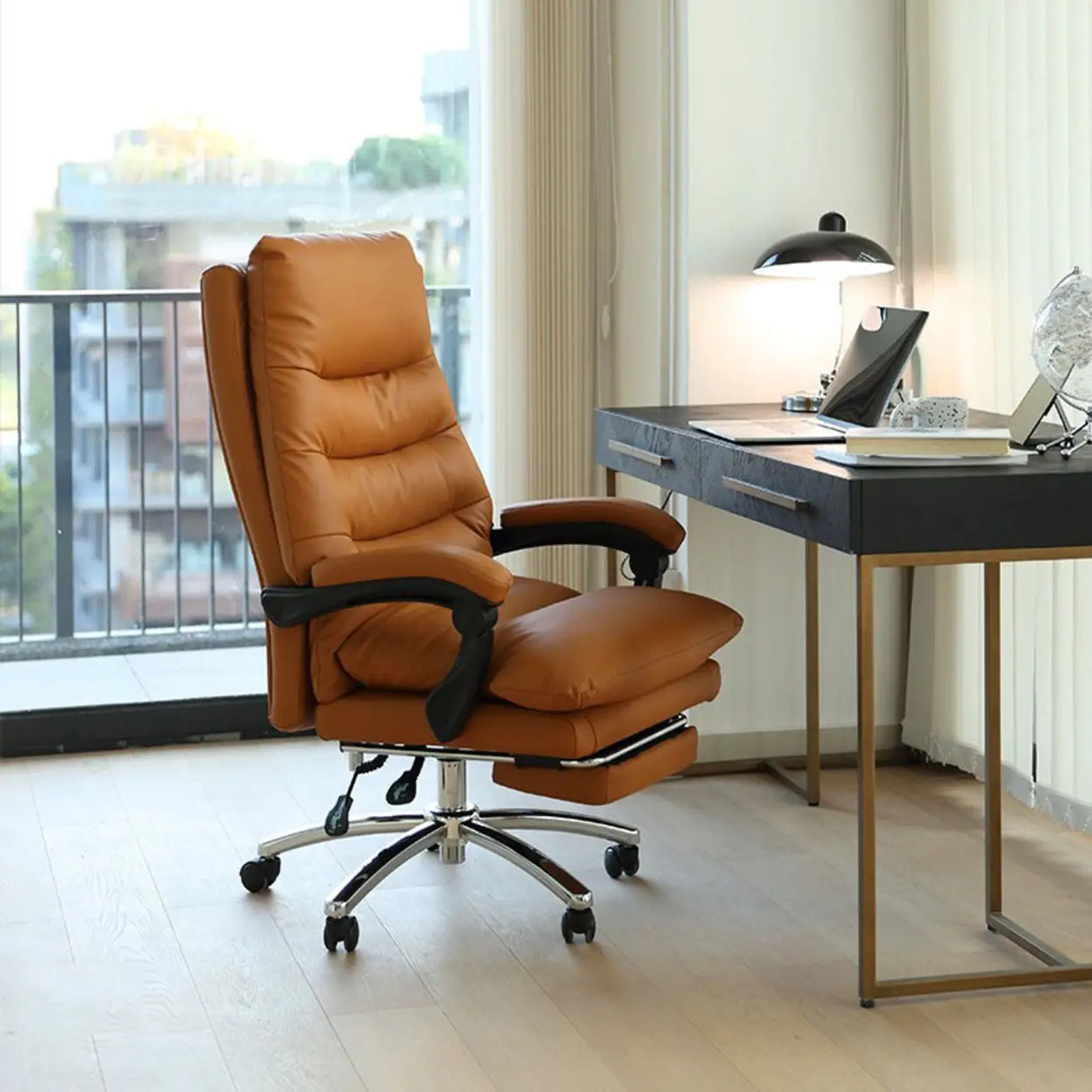 Executive Recliner Calfskin Adjustable Taupe Office Chair Image - 21