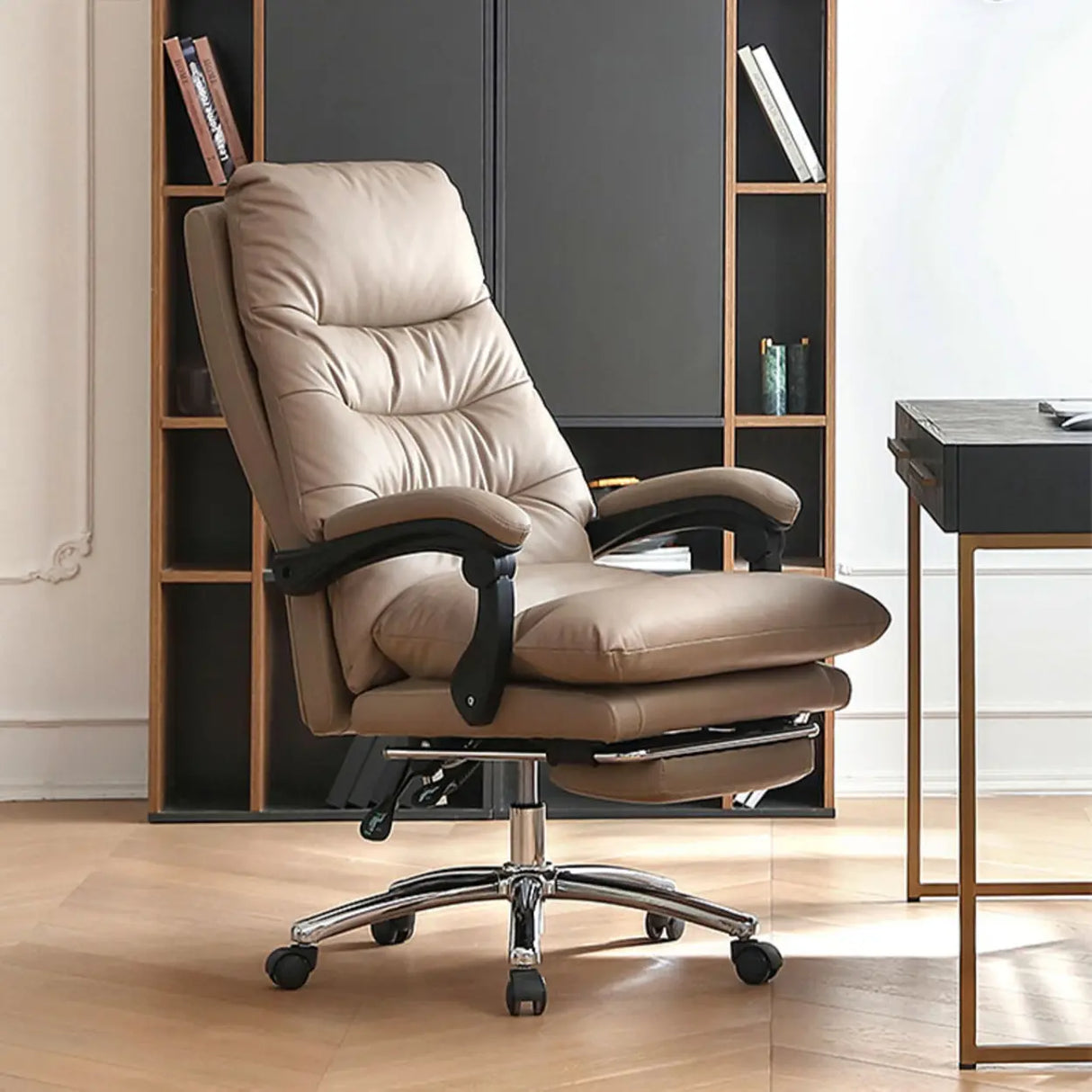 Executive Recliner Calfskin Adjustable Taupe Office Chair Image - 2