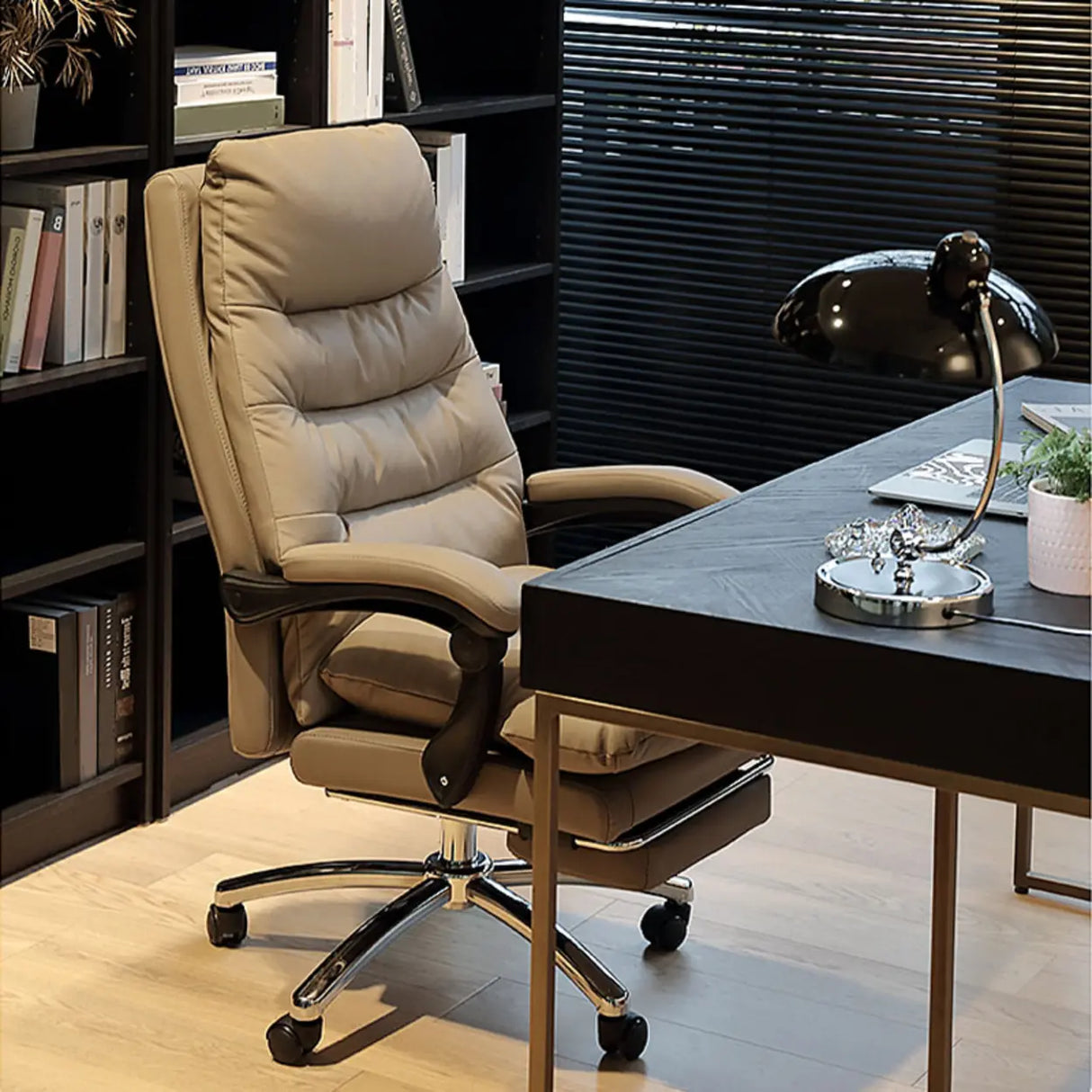 Executive Recliner Calfskin Adjustable Taupe Office Chair Image - 7