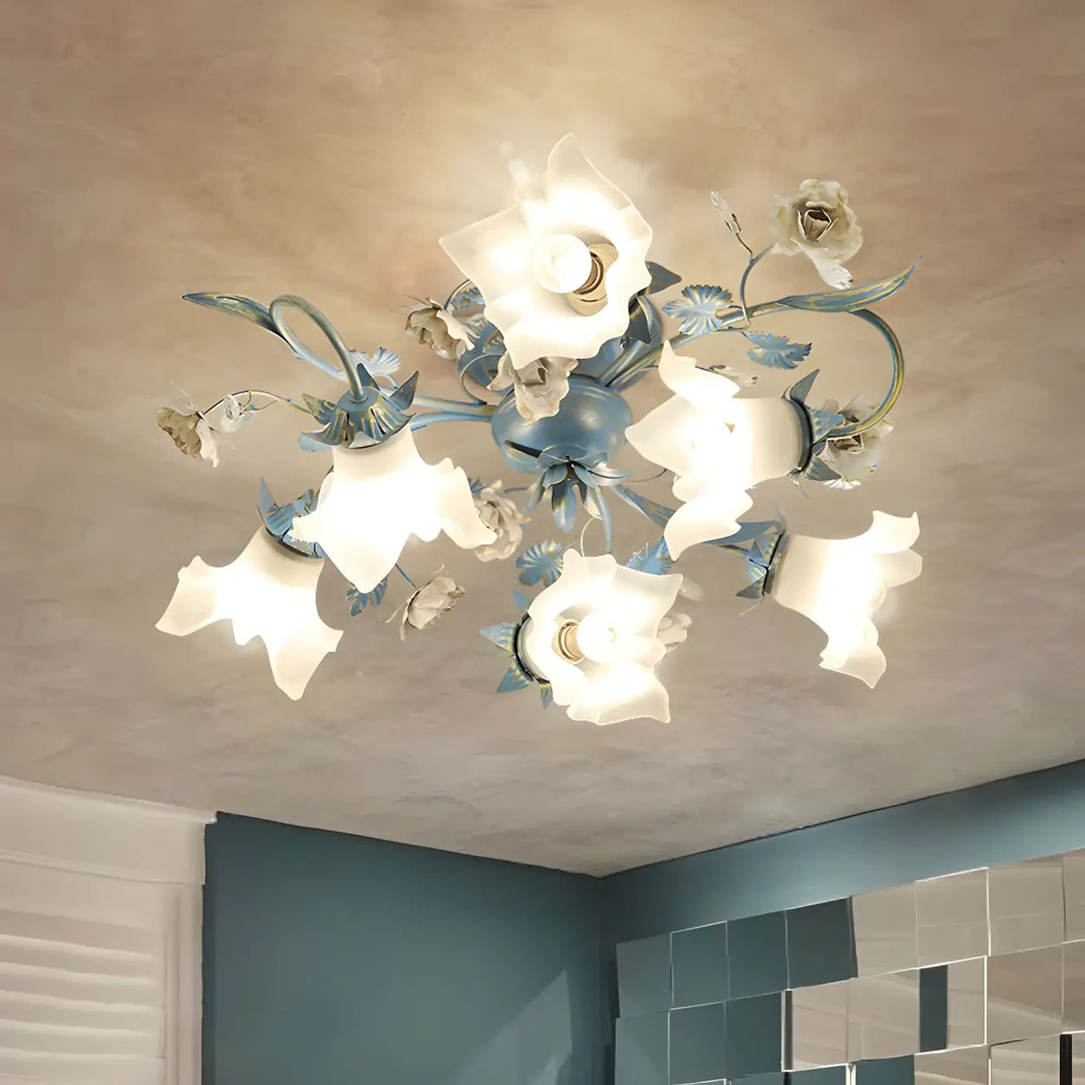 Exquisite Blue Floral 6-Head Semi-Flush Mount Light Image - 1