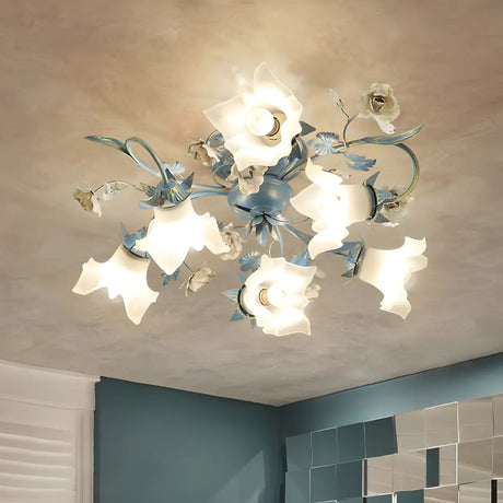 Exquisite Blue Floral 6-Head Semi-Flush Mount Light Image - 1