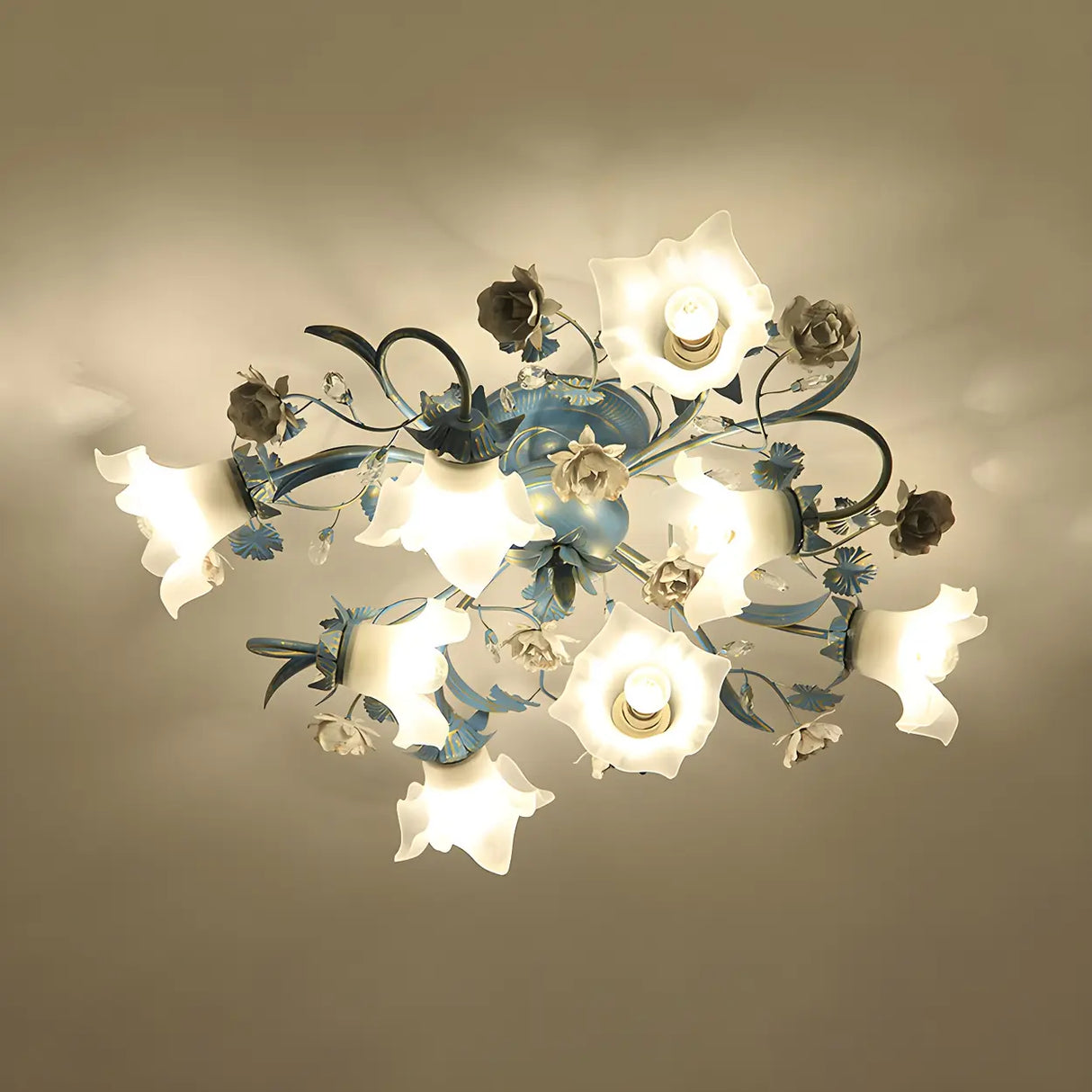 Exquisite Blue Floral 6-Head Semi-Flush Mount Light Image - 2