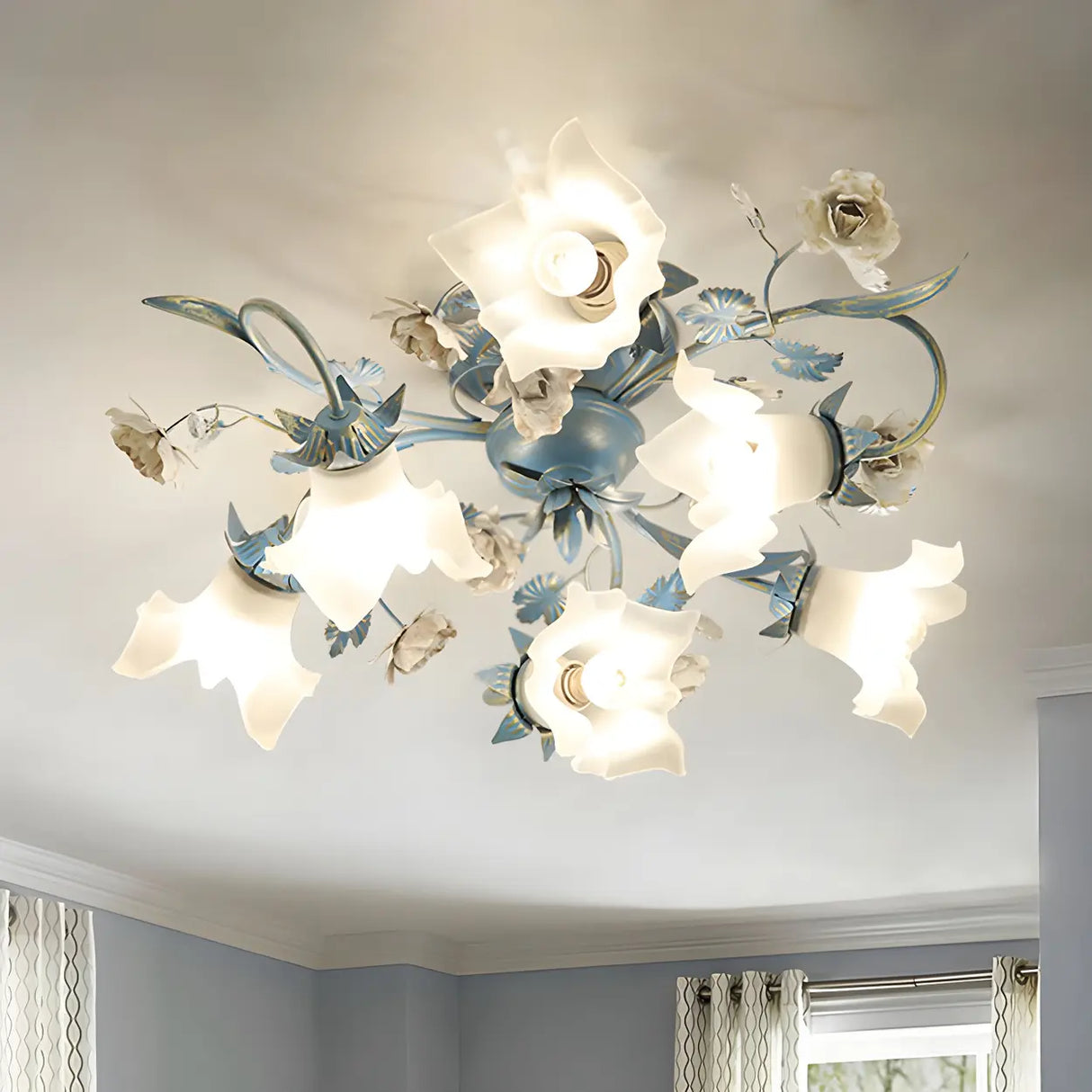 Exquisite Blue Floral 6-Head Semi-Flush Mount Light Image - 3