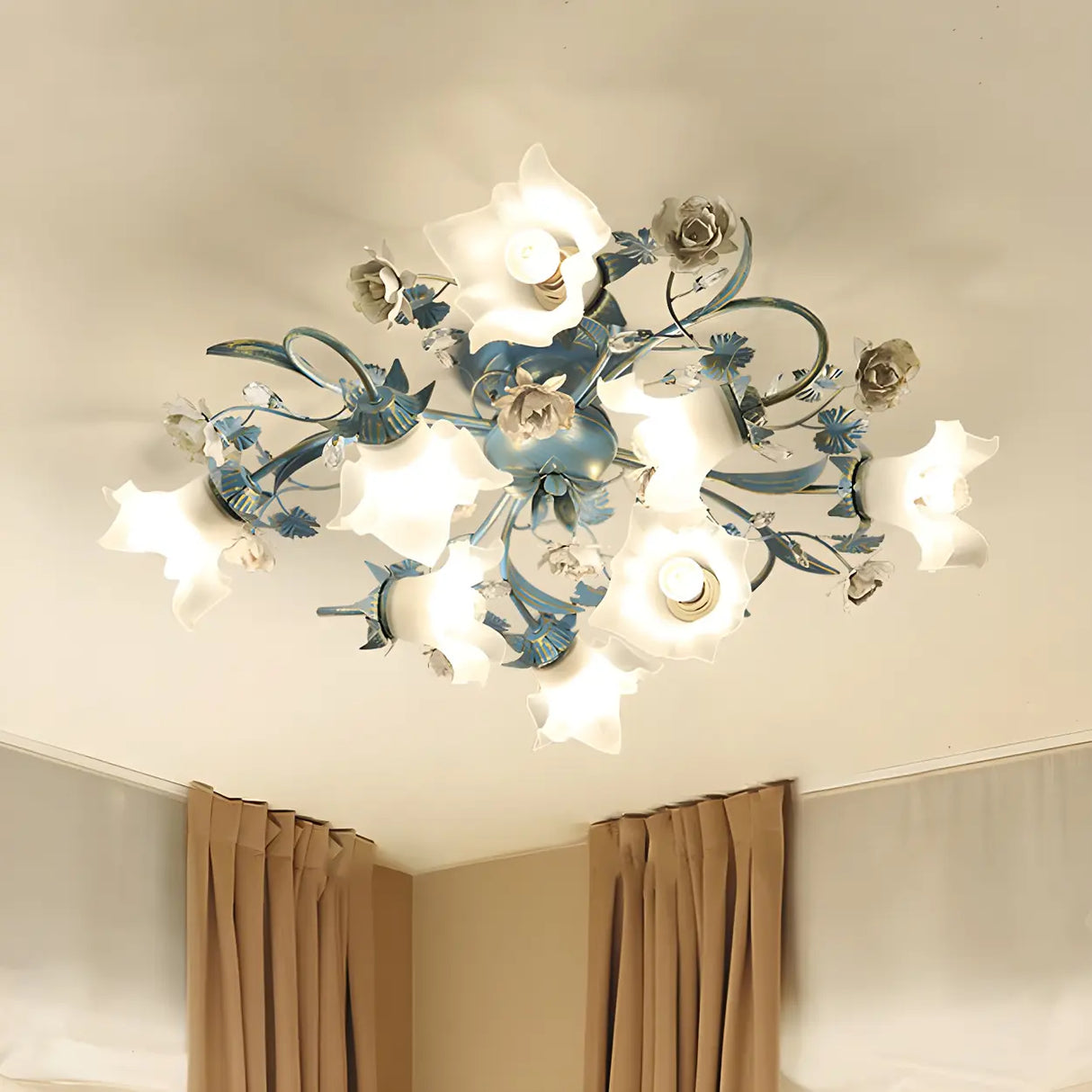 Exquisite Blue Floral 6-Head Semi-Flush Mount Light Image - 4