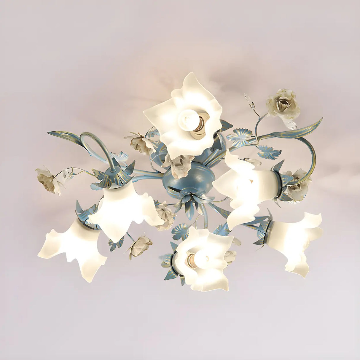 Exquisite Blue Floral 6-Head Semi-Flush Mount Light Image - 5