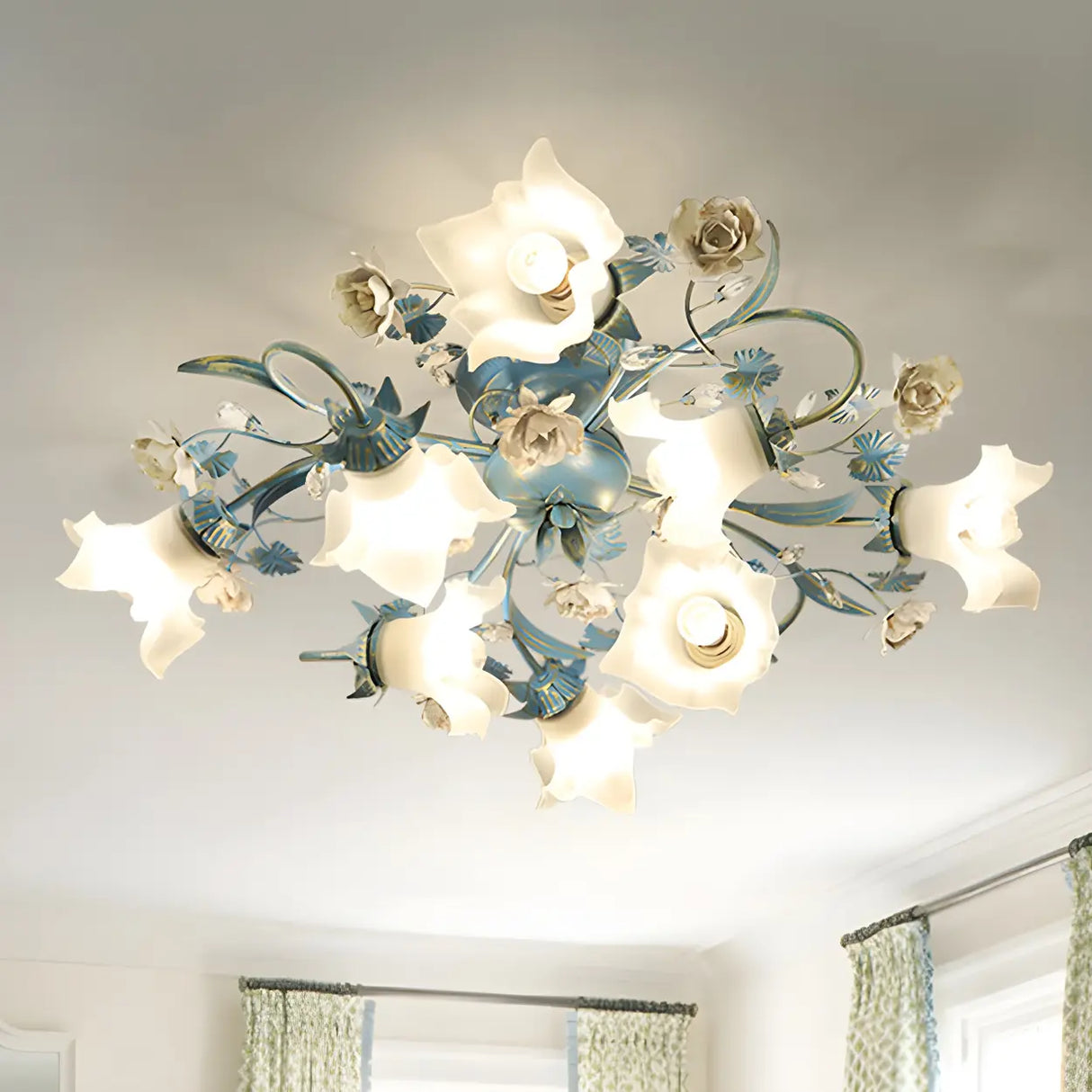 Exquisite Blue Floral 6-Head Semi-Flush Mount Light Image - 6