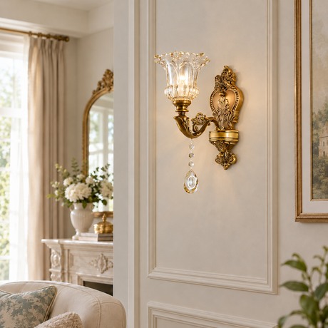 Vintage Brass Crystal and Glass Flower Wall Sconce