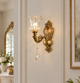 Vintage Brass Crystal and Glass Flower Wall Sconce