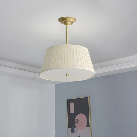 Fabric Beige Bedroom Downrod Drum Chandelier Lighting Image - 1