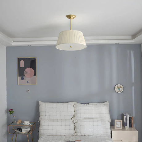 Fabric Beige Bedroom Downrod Drum Chandelier Lighting Image - 2