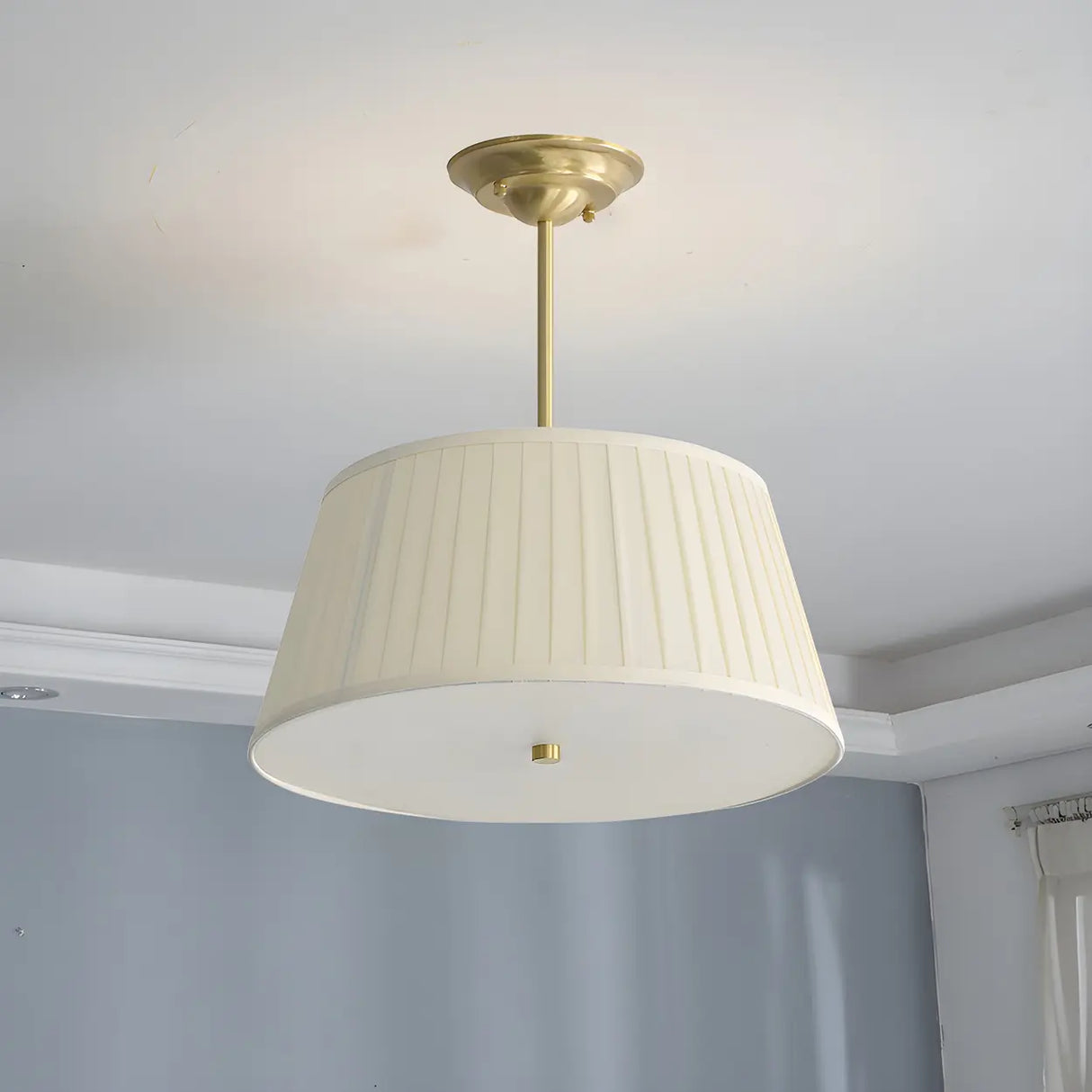 Fabric Beige Bedroom Downrod Drum Chandelier Lighting Image - 5