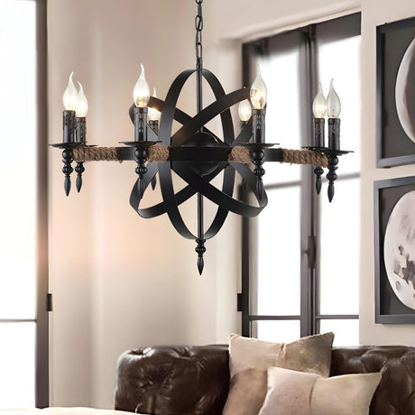 Farmhouse Black Metal Orbit Cage Candle Chandelier Image - 1