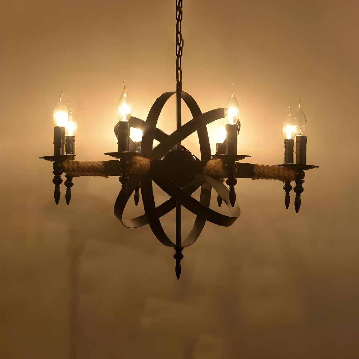 Farmhouse Black Metal Orbit Cage Candle Chandelier Image - 2
